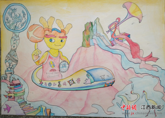 江西莲花县湖上乡中心小学在中国小篮球联赛启动仪式上展示绘画作品