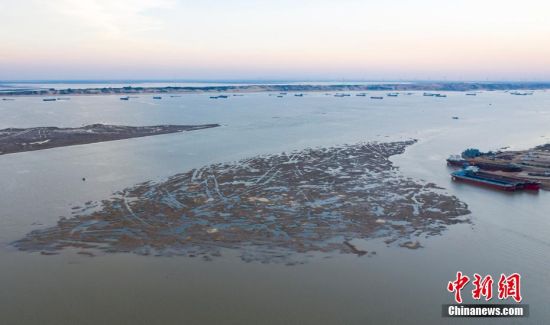 圖為航拍鄱陽湖都昌縣印山附近水域湖床裸露。 傅建斌 攝