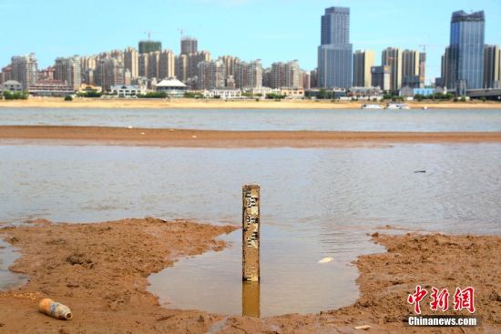 58月26日，江西南昌，江西省水文监测中心外洲水文站设在赣江中的水尺。 刘占昆 摄