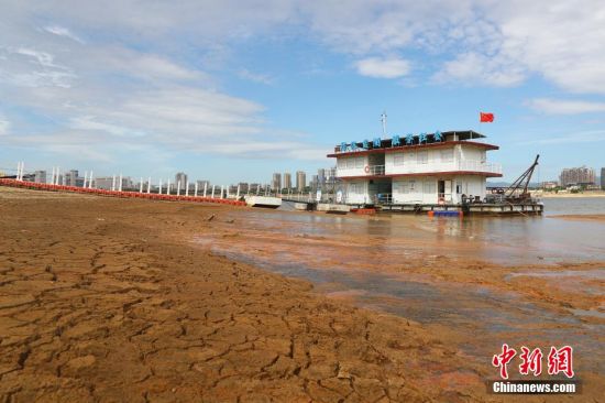 8月26日，江西南昌，航拍贛江之畔的江西省水文監測中心外洲水文站，堤岸河床已經干涸開裂。 劉占昆 攝