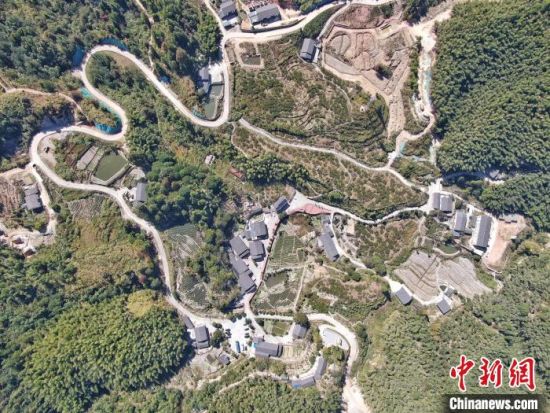 图为无人机航拍地处深山之中，被青松翠竹环绕的神山村，蜿蜒的通村公路将这座偏僻的小山村与外界联通。　刘力鑫　摄
